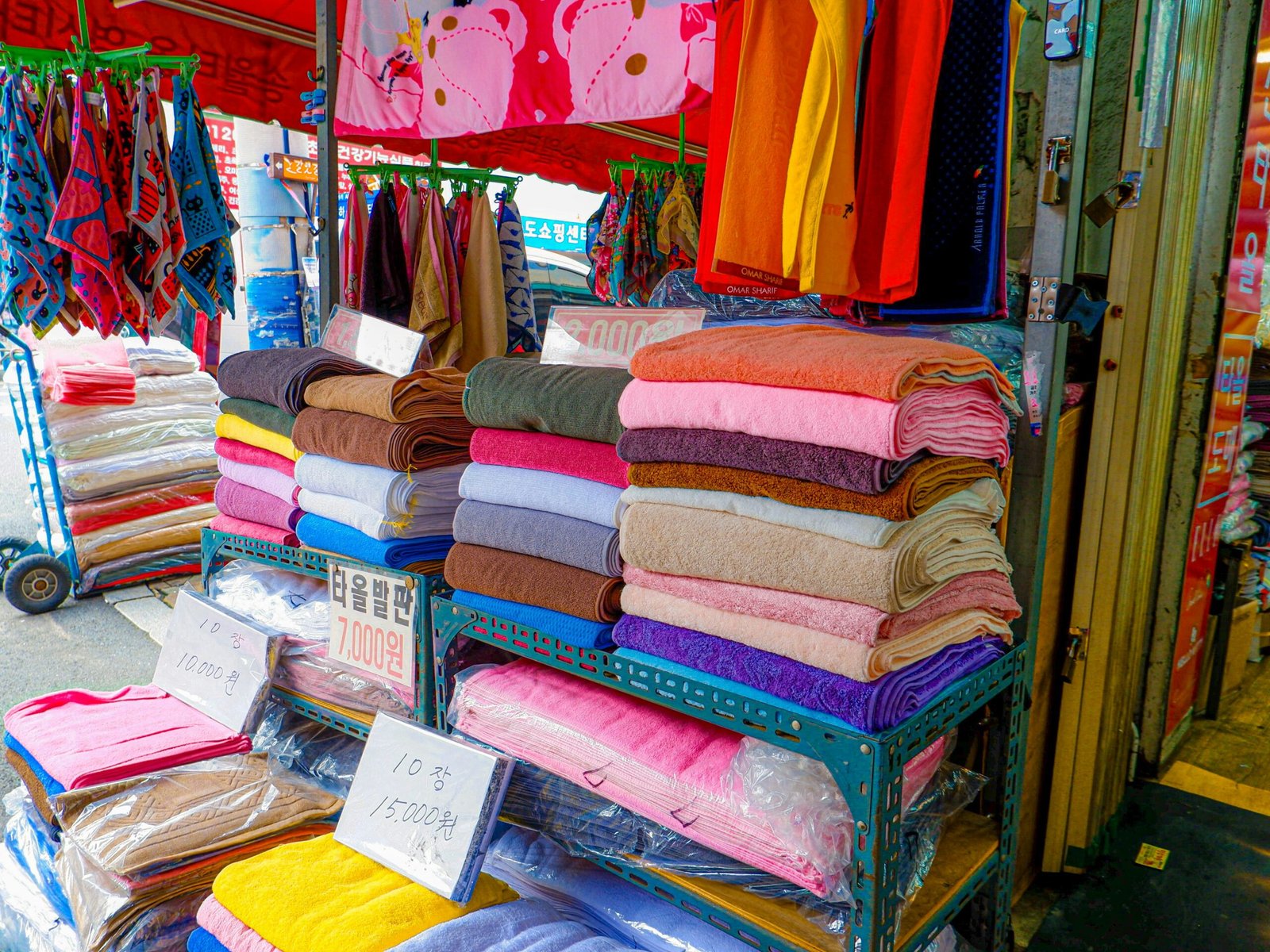 a display of folded towels in a store